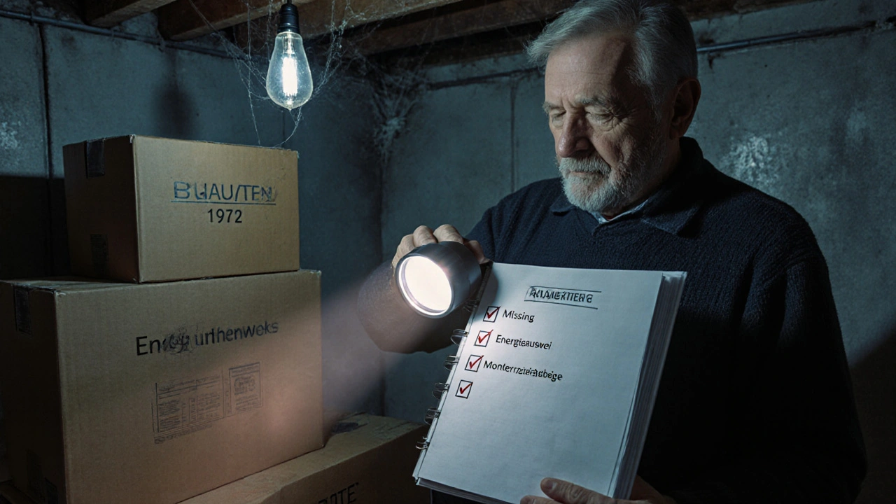 Hausbesitzer im Keller sucht in Kisten nach alten Bauunterlagen mit Taschenlampe