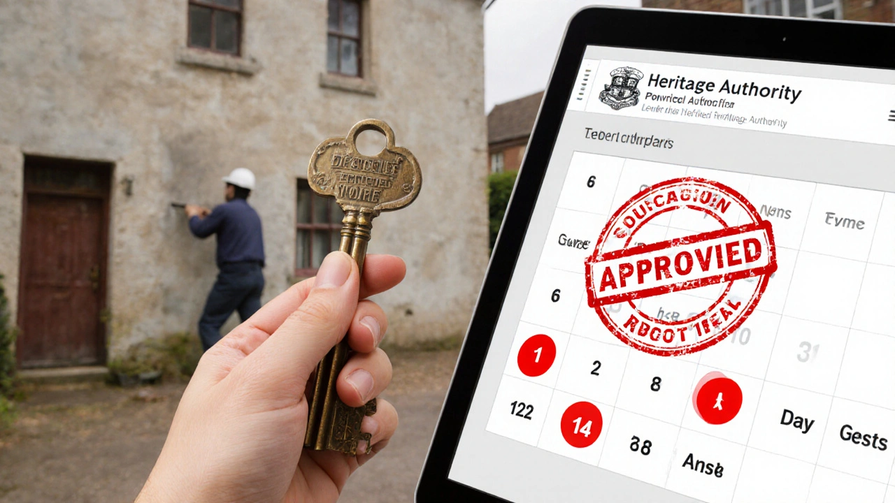 Historischer Schlüssel liegt neben einem Tablet mit digitaler Denkmalschutz-Genehmigung, im Hintergrund ein renoviertes Altbauhaus.