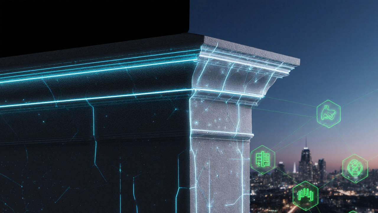 Intelligente Fassadenleiste mit eingebauten Sensoren, die Feuchtigkeit und Risse in Echtzeit messen.