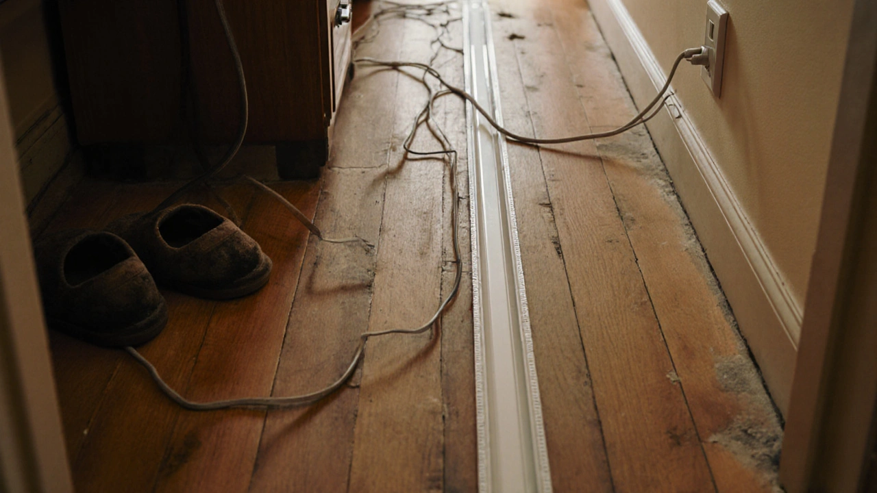 Kabel liegen quer über einen Flur, während ein Kabelkanal bereitliegt, um die Gefahr zu beseitigen.