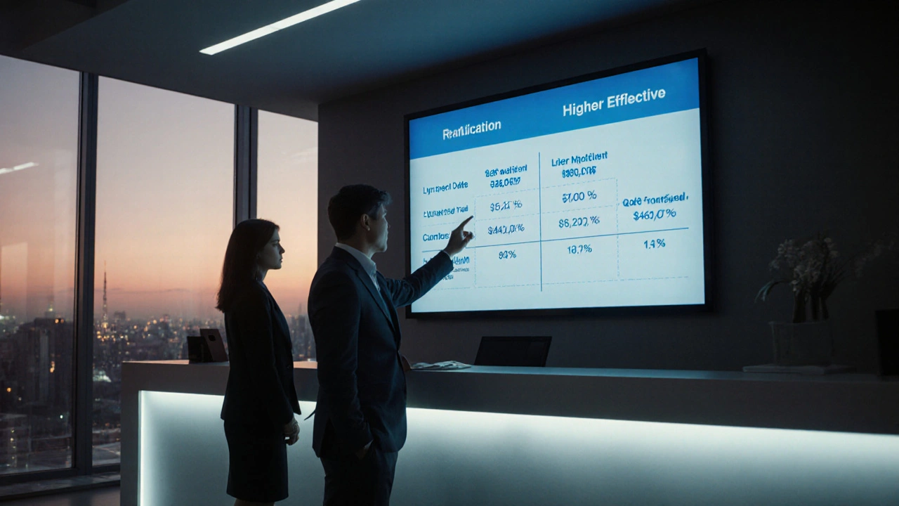 Kunde erkennt den Unterschied zwischen Effektiv- und Sollzins an einer digitalen Anzeige in einer Bankfiliale.