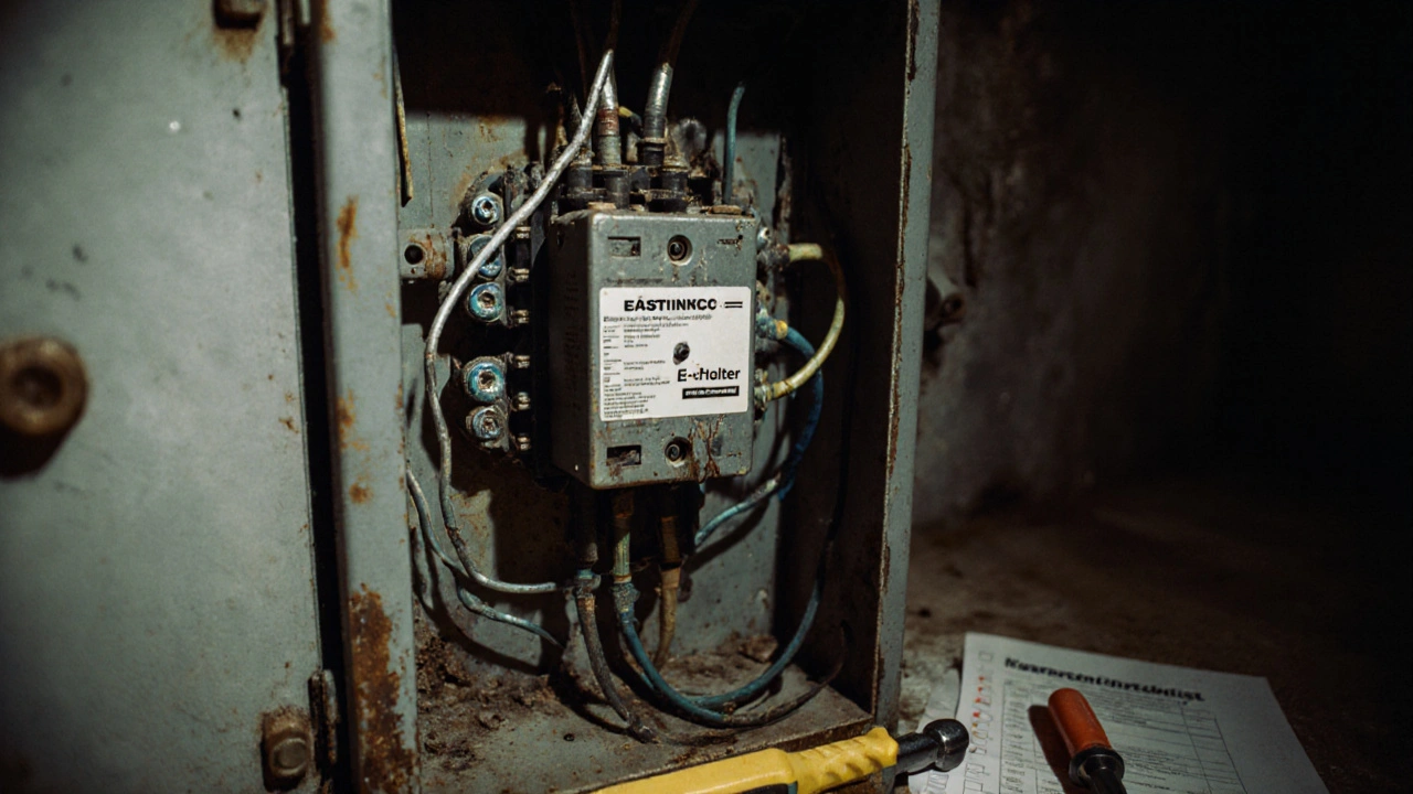 Offener Sicherungskasten mit veralteten Sicherungen und aluminiumnen Kabeln in einem Keller.