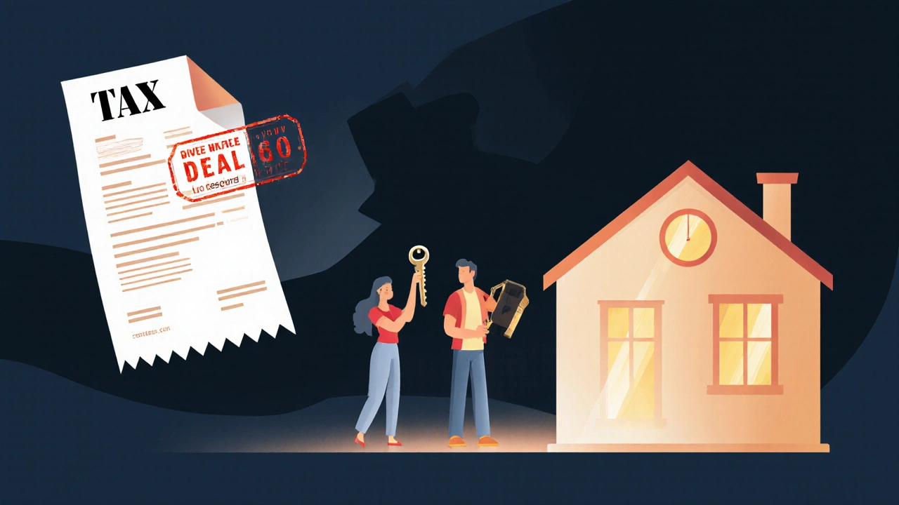 Paar mit Schlüsseln vor neuem Zuhause, doch ein dunkler Schatten einer Steuerrechnung liegt hinter ihnen.