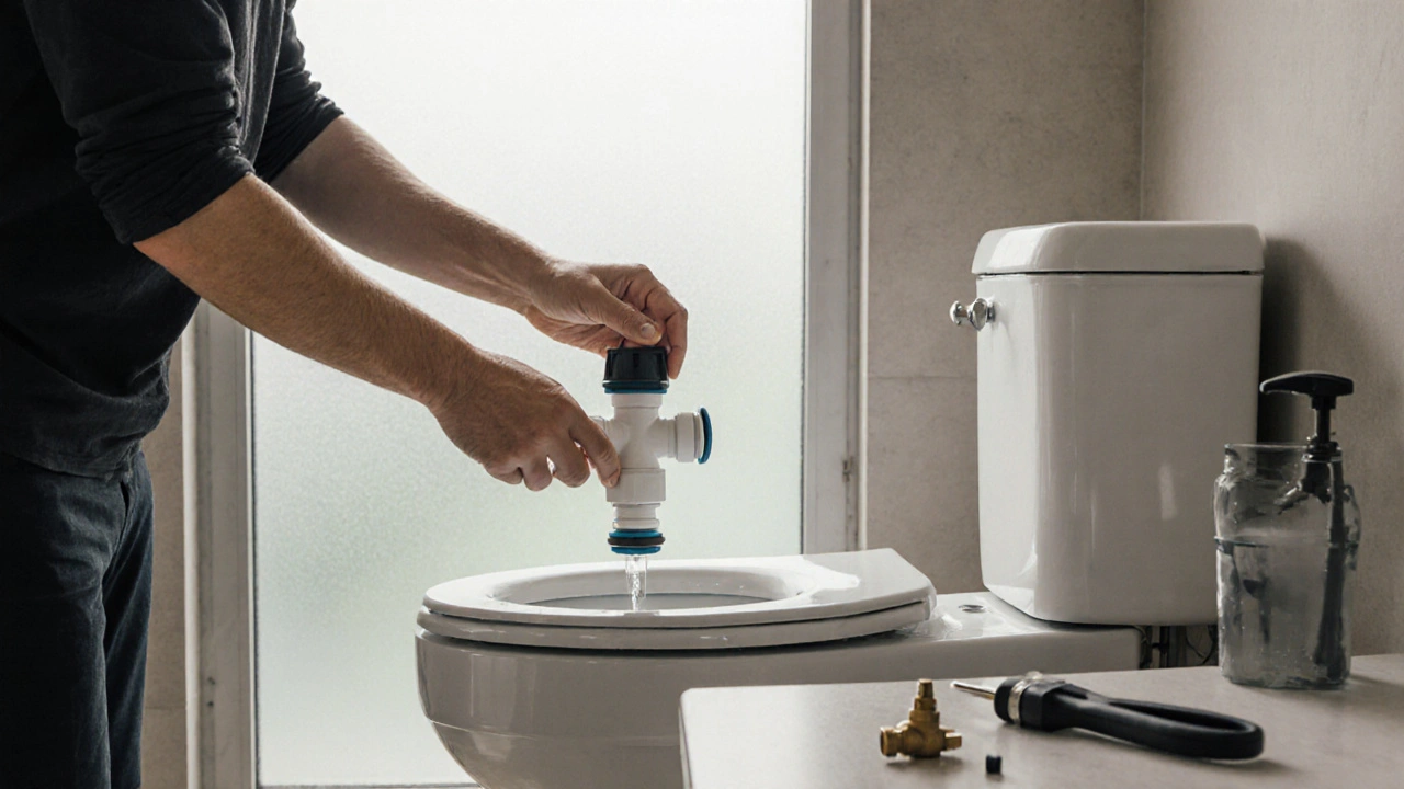 Person montiert einen Dusch-WC-Aufsatz auf einer herkömmlichen Toilette mit T-Stück und Werkzeugen.