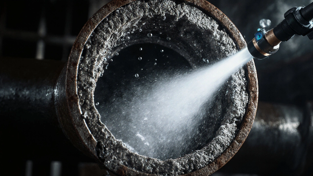 Professionelle Hochdruckreinigung eines alten Gusseisenrohrs mit Wasserstrahl und Kamera.