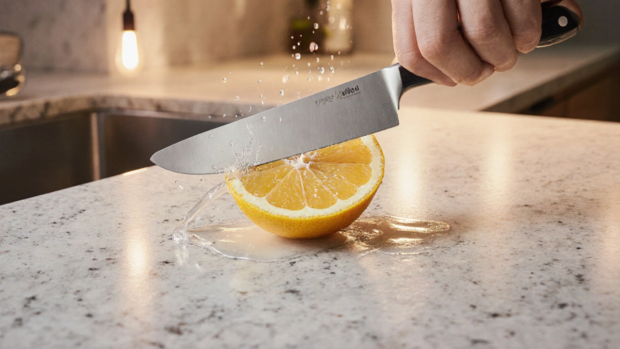 Quarzkomposit-Arbeitsplatte in der Küche mit Zitronensaft-Tropfen