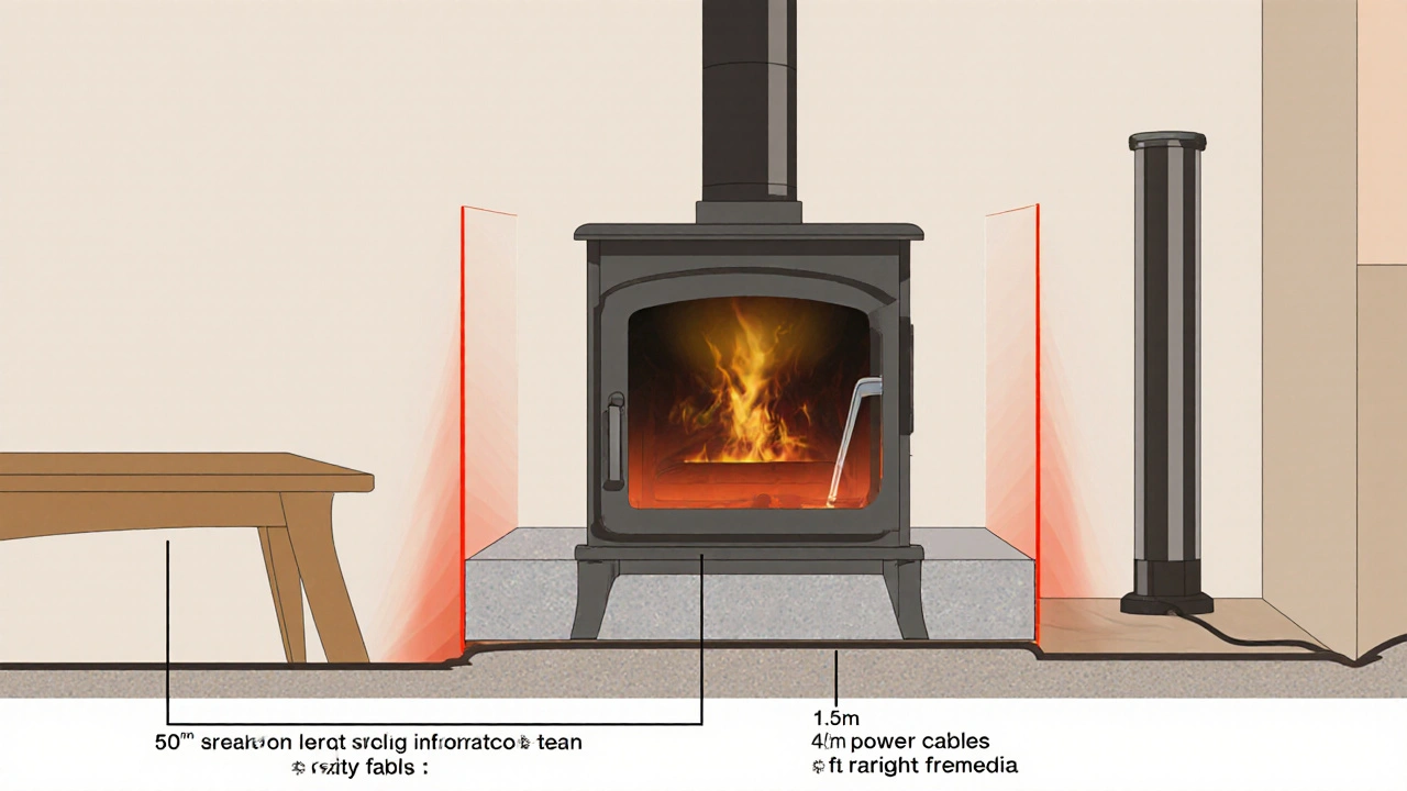 Querschnitt eines Wohnzimmers mit Kamin, Sicherheitsabstände und Kabelführung als visuelle Hinweise dargestellt.