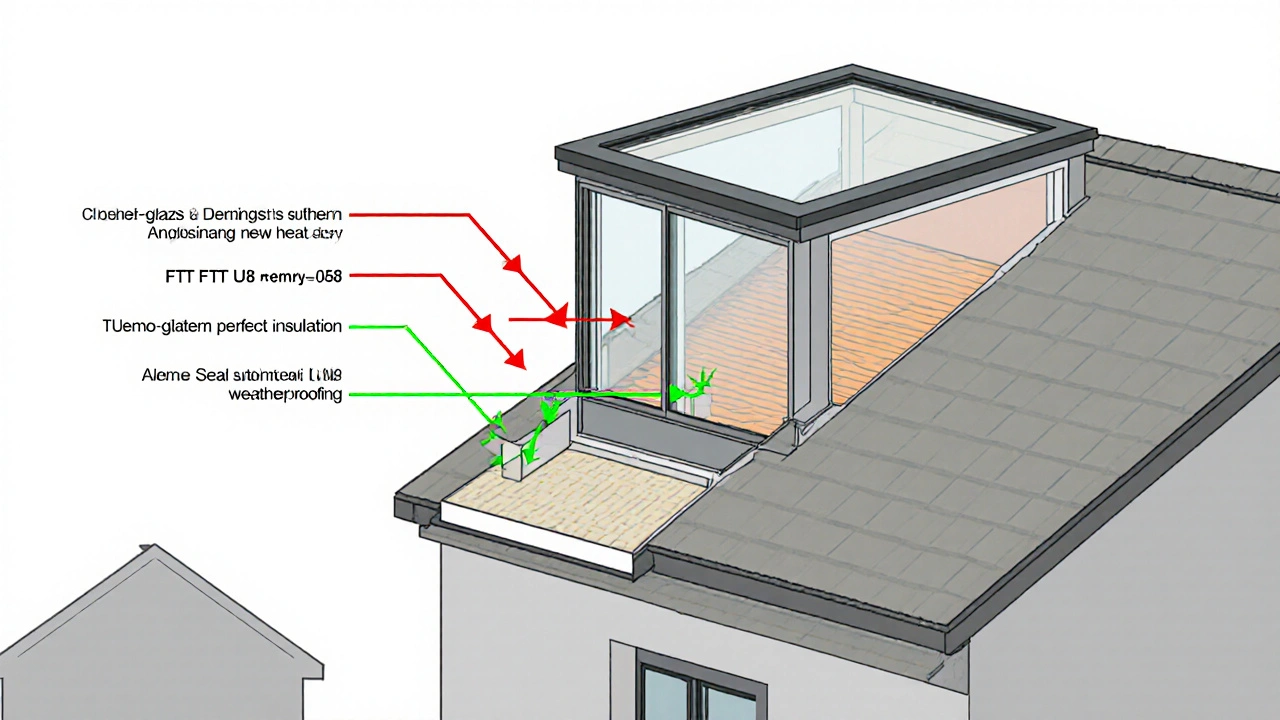 Querschnittansicht eines alten und eines modernen Dachfensters mit Wärmeverlust- und Energieeinsparungspfeilen.
