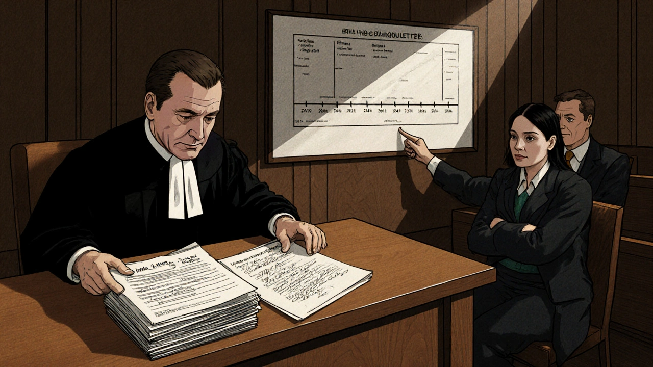 Richter prüft Beweise für eine Eigenbedarfskündigung im Gerichtssaal.