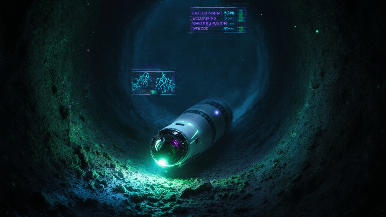 Roboter-Kamera mit KI-Sensoren, die Ablagerungen und Wurzeln in einem Abwasserrohr erkennt.