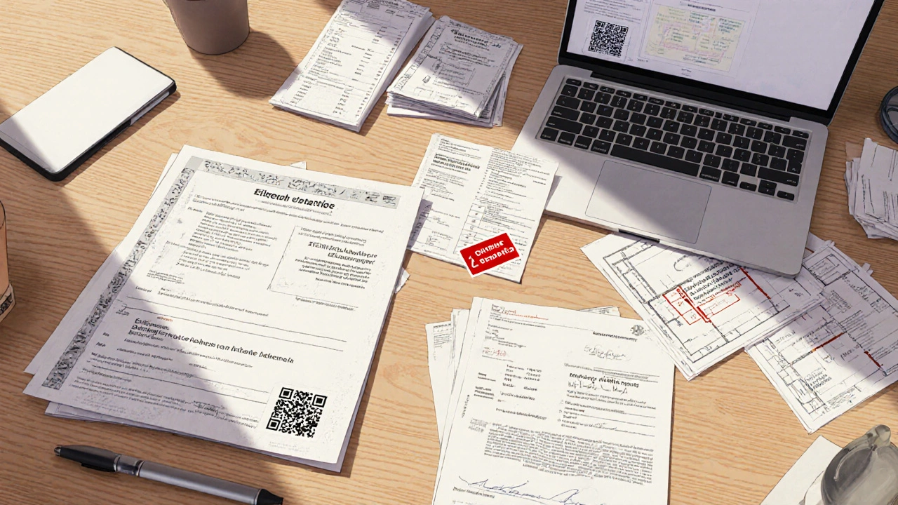 Schreibtisch mit Immobilienpapieren: Energieausweis, Reparaturquittungen, Grundriss und unterschriebener Mängelkatalog, Laptop mit QR-Code.