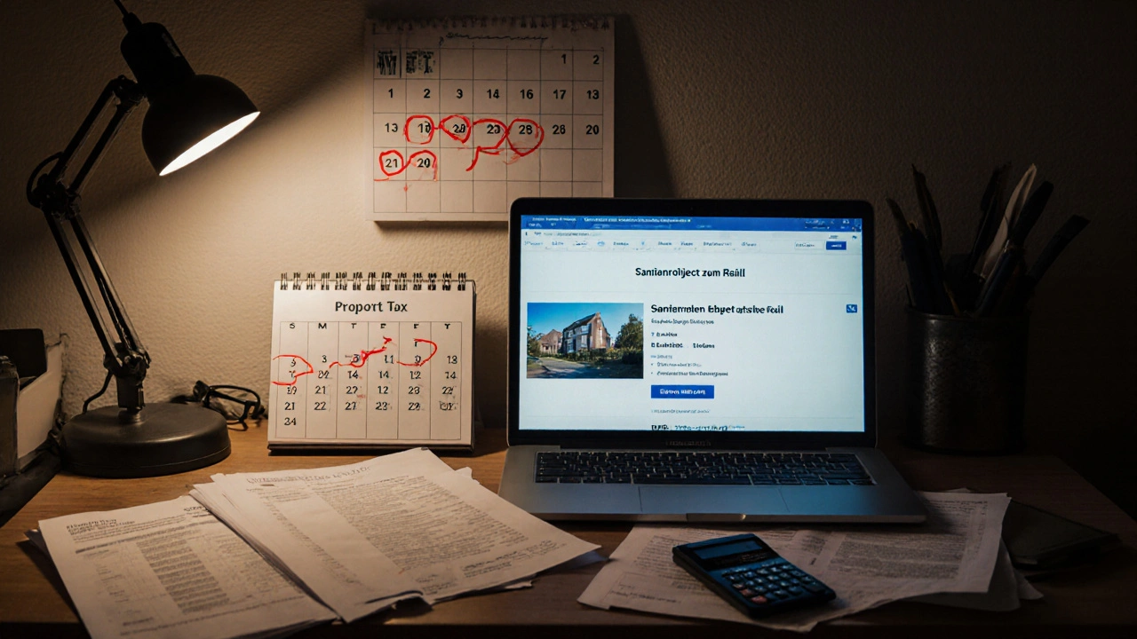 Schreibtisch mit Immobilienpapieren, Steuerunterlagen und Online-Immobilienanzeige