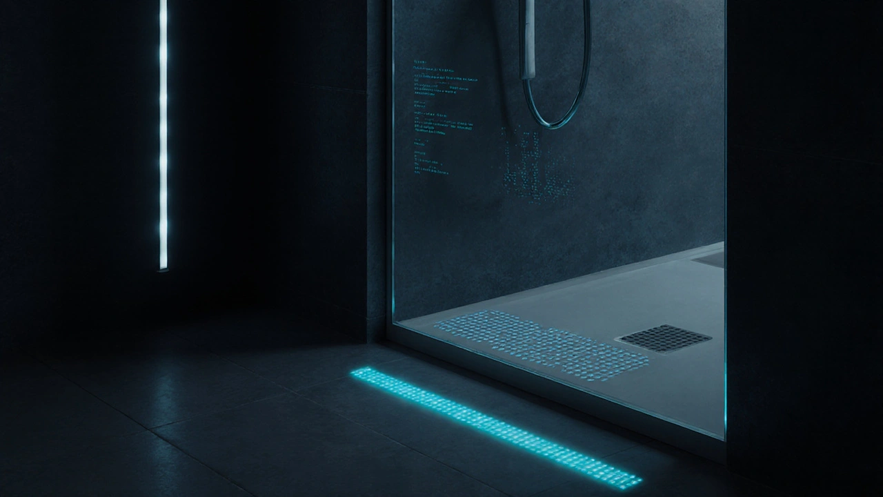 Smart-Dusche mit integrierten Feuchtigkeitssensoren an der Glasboden-Fuge in futuristischem Design.