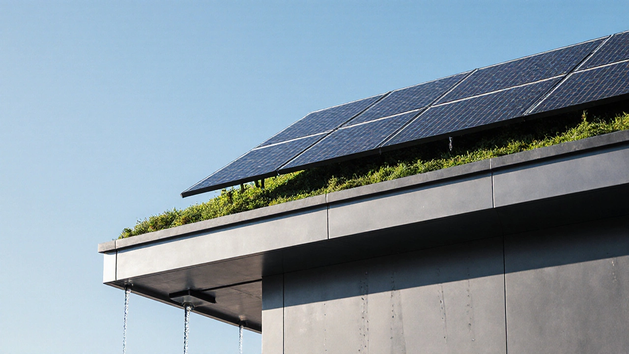 Solarpaneele über einem grünen Dach mit Regenwasserablauf und Sedum-Bepflanzung.