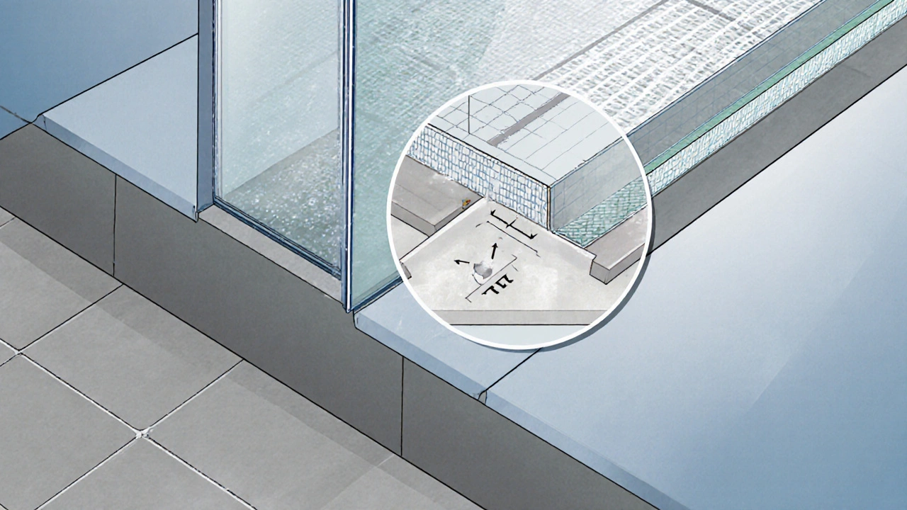 Technische Darstellung der Wasserdichtungsschichten unter einer Duschwand mit Glasfasergewebe und Silikonfuge.