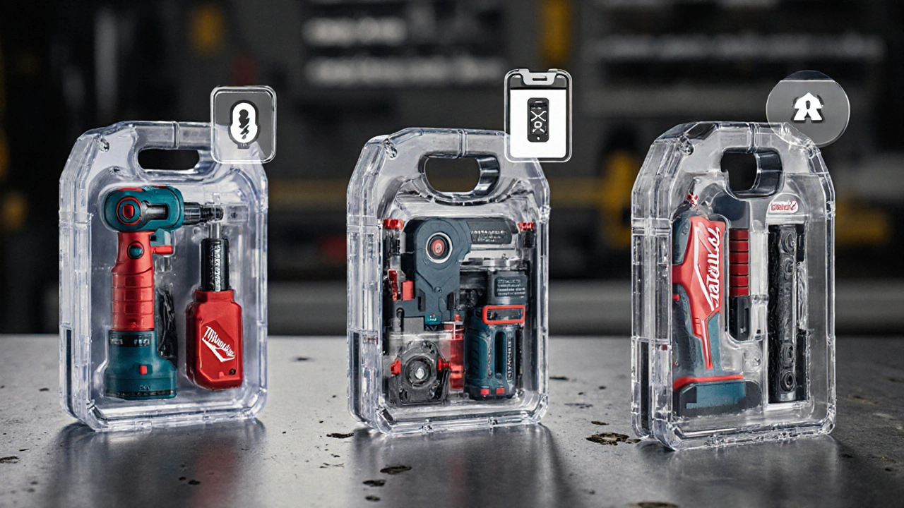 Technische Illustration der drei führenden Werkzeugaufbewahrungssysteme mit transparenten Mechanismen.