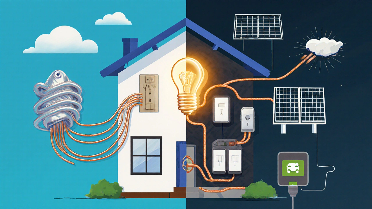 Vergleich eines alten und modernen Elektriksystems in einem Haus, von Gefahr zu Sicherheit.