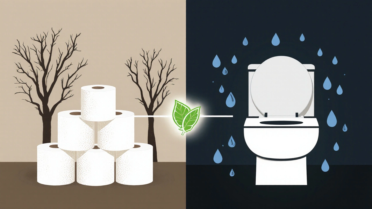 Vergleich: Toilettenpapierhaufen mit abgeholztem Wald links, Dusch-WC mit Blattsymbol rechts für umweltfreundliche Reinigung.