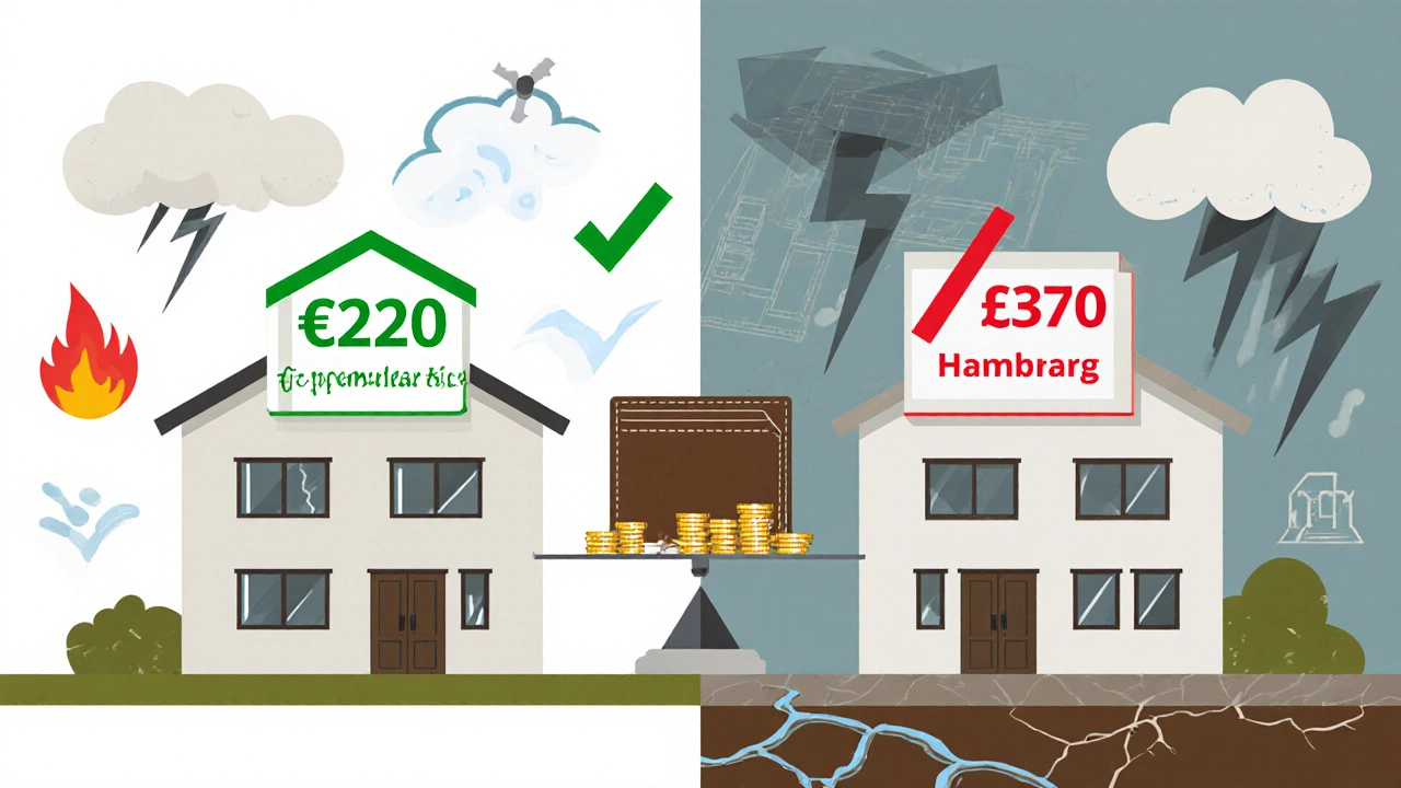 Vergleich von Wohngebäudeversicherungskosten: Neubau in Graz vs. Haus in Hamburg mit Risikosymbolen.
