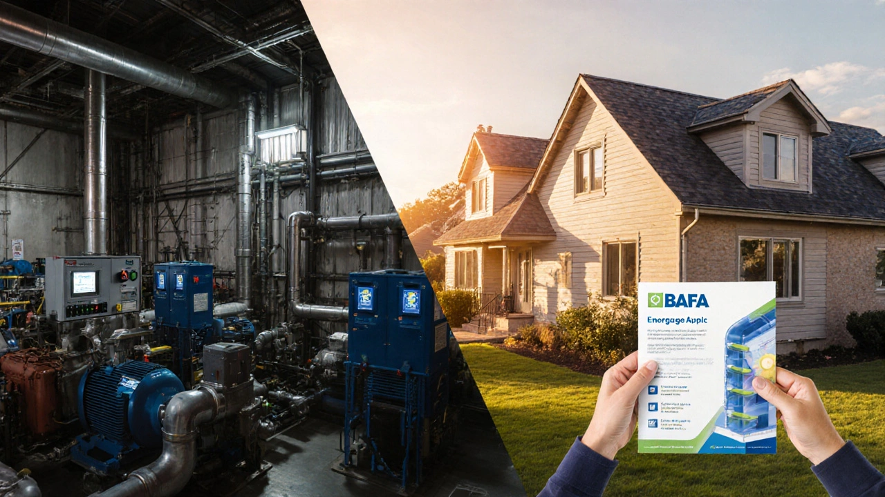 Vergleich zwischen einer industriellen Energieaudit-Szene und einem Wohnhaus mit energetischer Beratung.