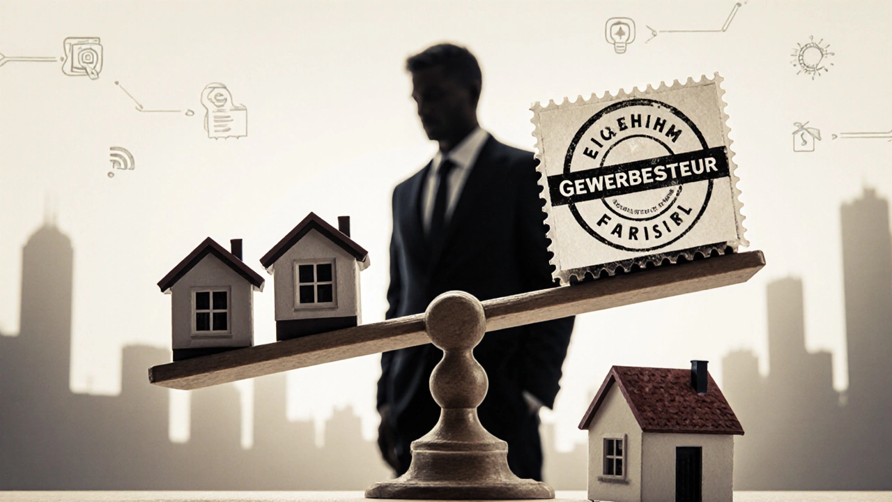 Waage mit drei Häusern und Gewerbesteuer-Stempel, Eigenheim auf der sicheren Seite