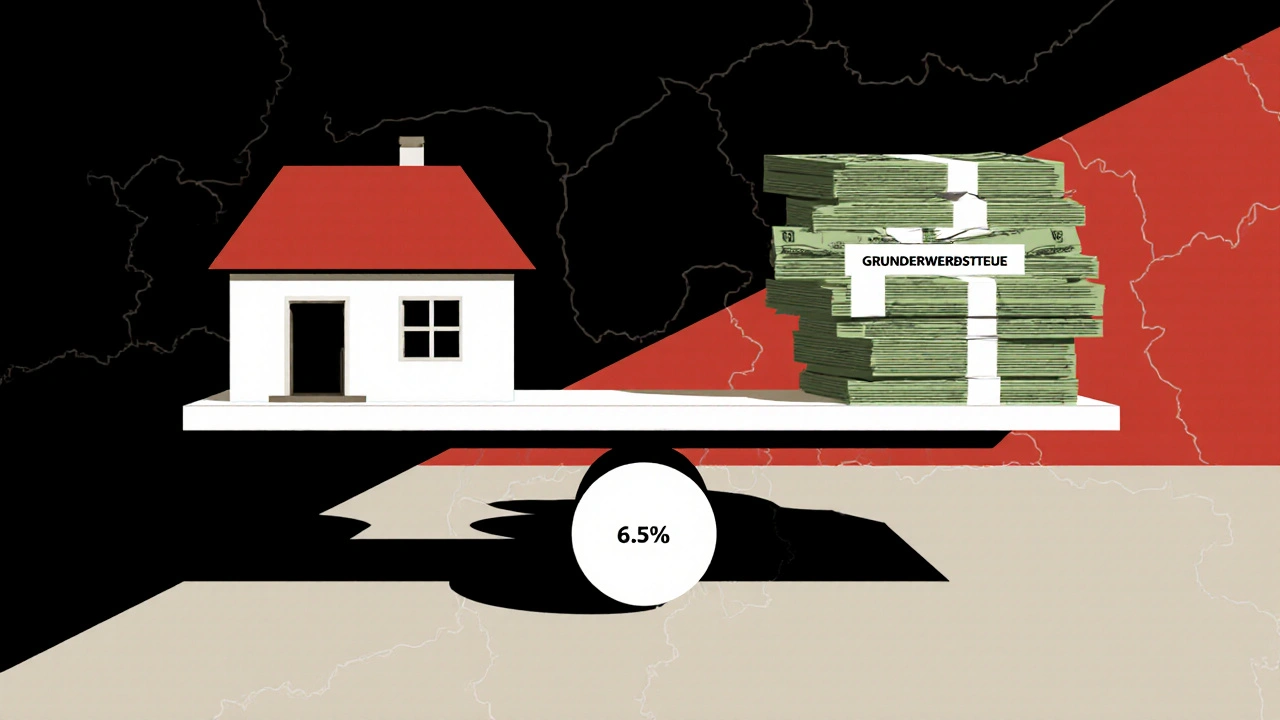 Waage mit Haus und Steuerbetrag, deutsche Bundesländer mit unterschiedlichen Grunderwerbsteuersätzen im Hintergrund.