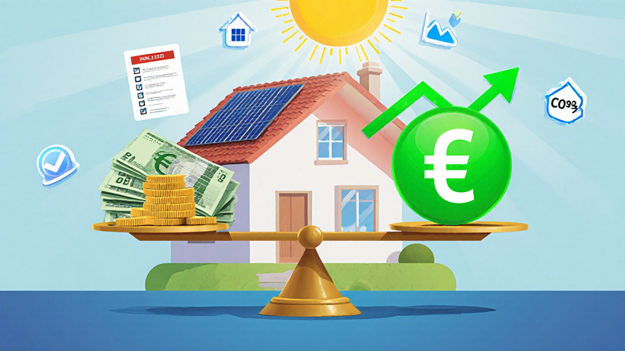 Waage mit Heizkosten und Energieeinsparung, dahinter sanierter Dachaufbau mit Solarenergie.