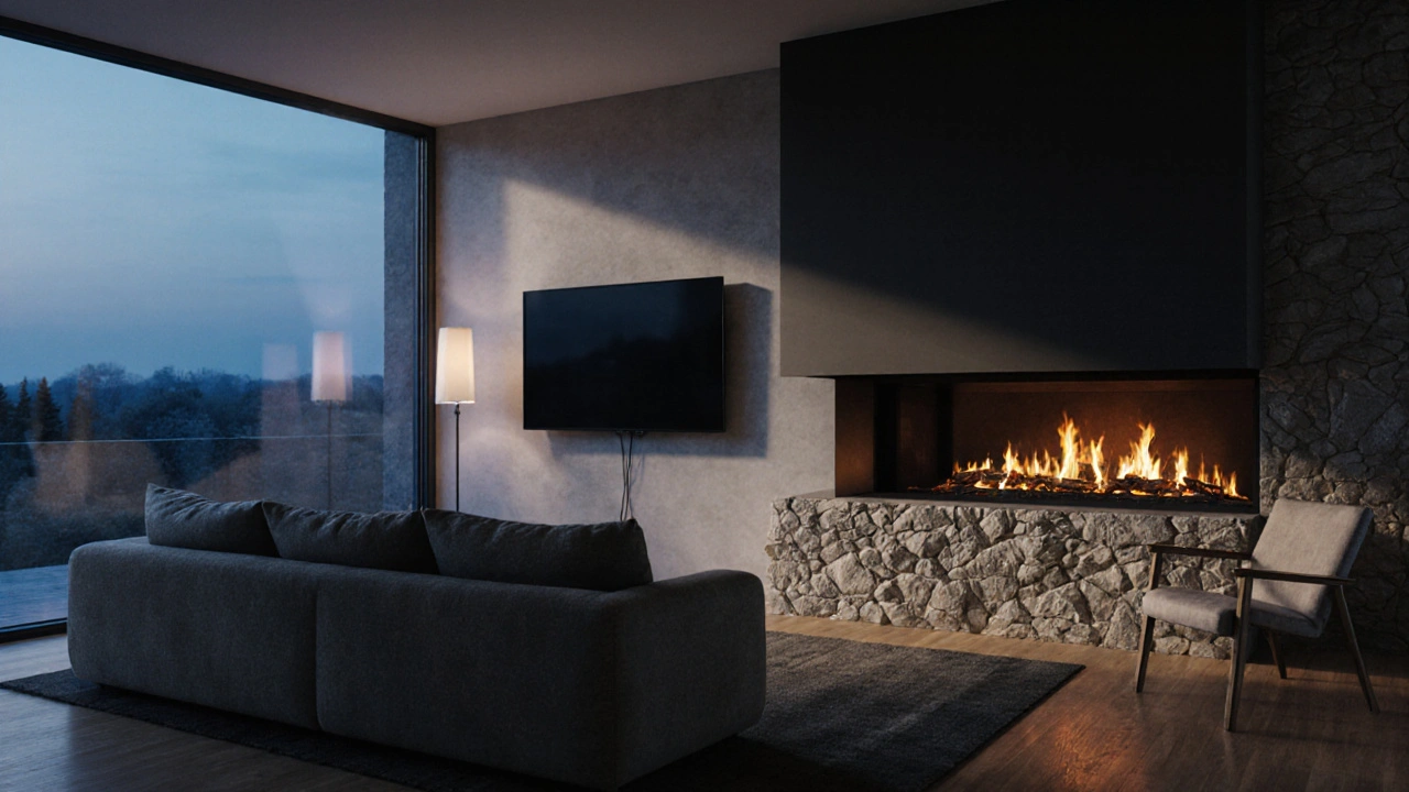 Wandkamin mit Fernseher an der senkrechten Wand, sicherer Abstand zu Möbeln, keine Kabel in der Nähe.