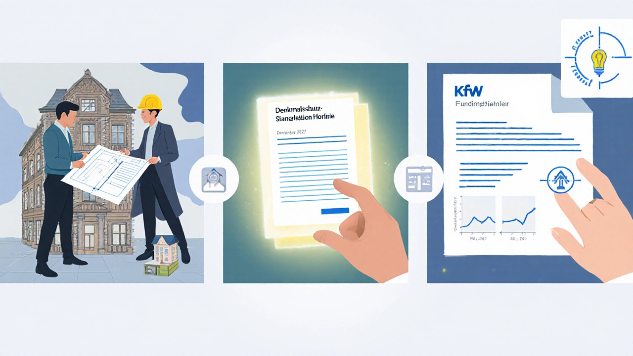 Zeitlinie der Denkmalschutz-Sanierung: Architekt, Energieberater und digitales Genehmigungsportal zeigen den koordinierten Prozess.