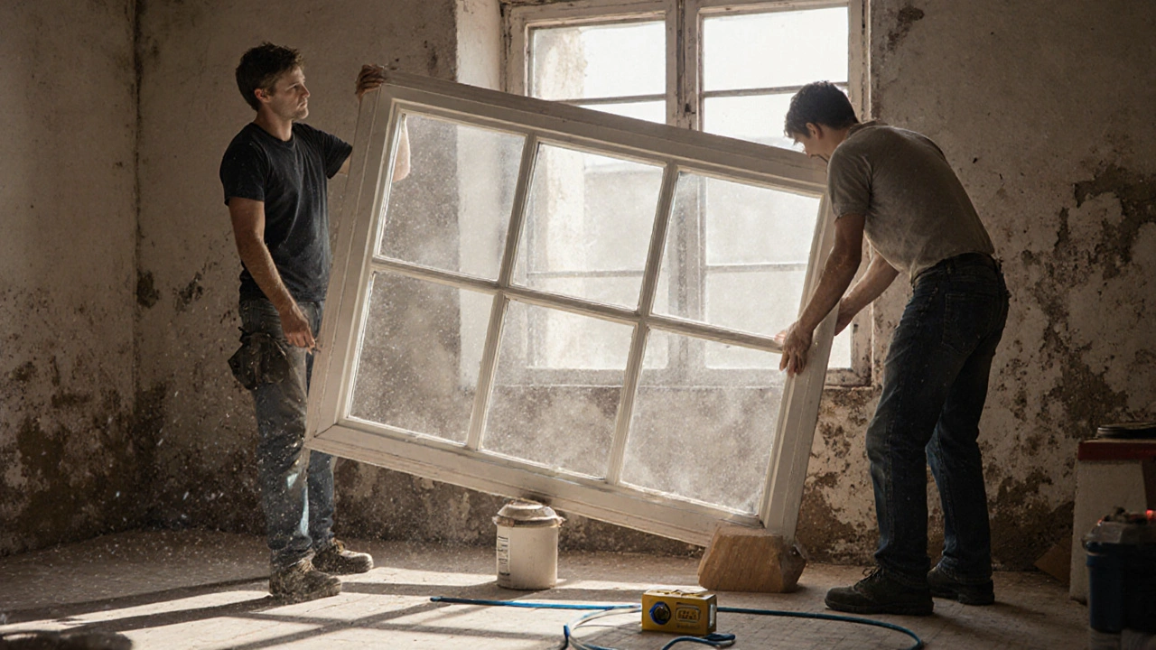 Zwei Personen heben ein schweres Fenster vorsichtig in die Öffnung, während sie es ausrichten.
