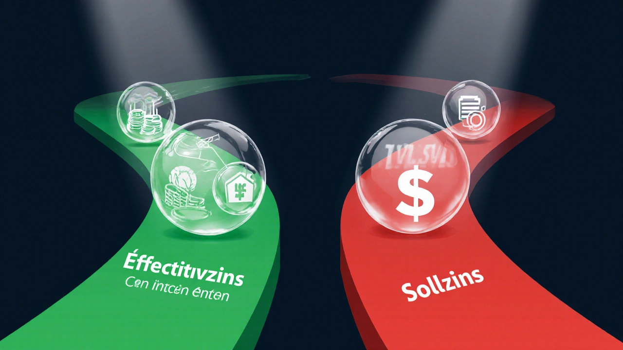 Zwei Wege: einer zeigt alle Kreditkosten als transparente Symbole, der andere versteckt sie hinter einem Sollzins.