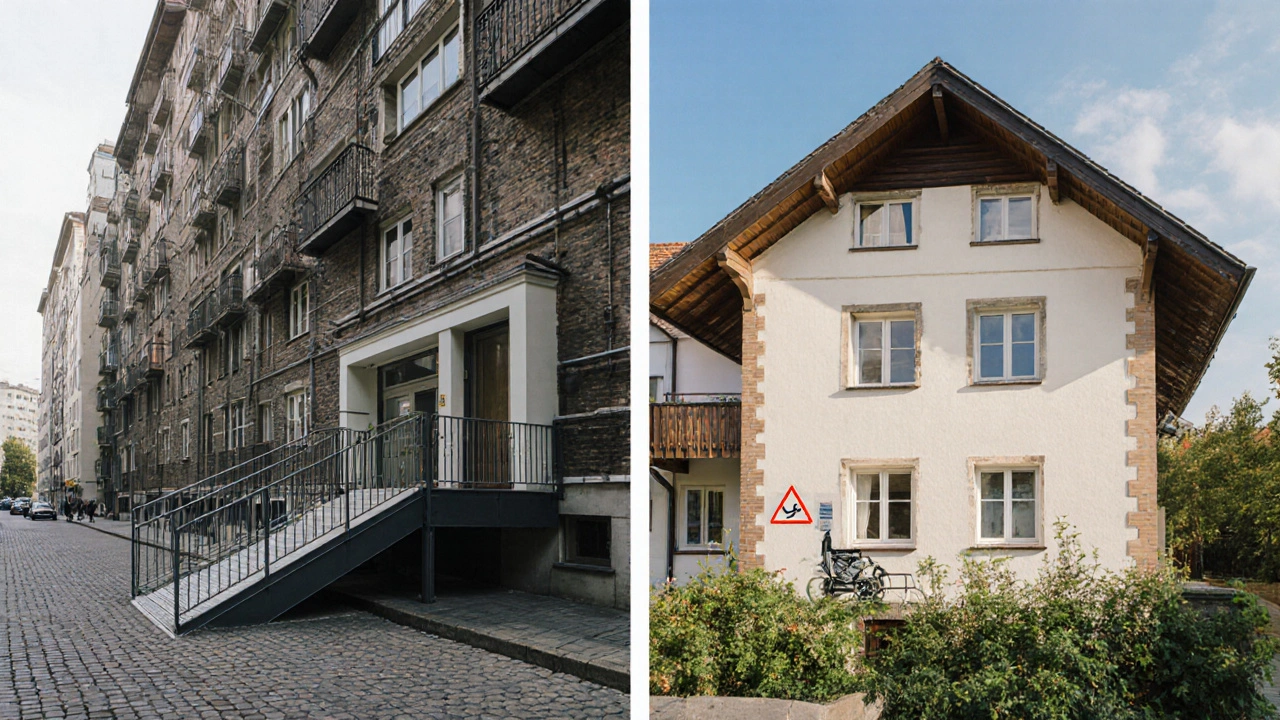 Zwei Wohnhäuser nebeneinander: Ein Berliner Mehrfamilienhaus mit barrierefreien Zugängen und ein bayerisches Einfamilienhaus mit nur einer zugänglichen Wohnung.