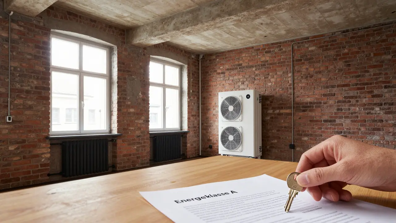 Altdeutsche Wohnung mit moderner Wärmepumpe und Energieklasse-A-Dokument.