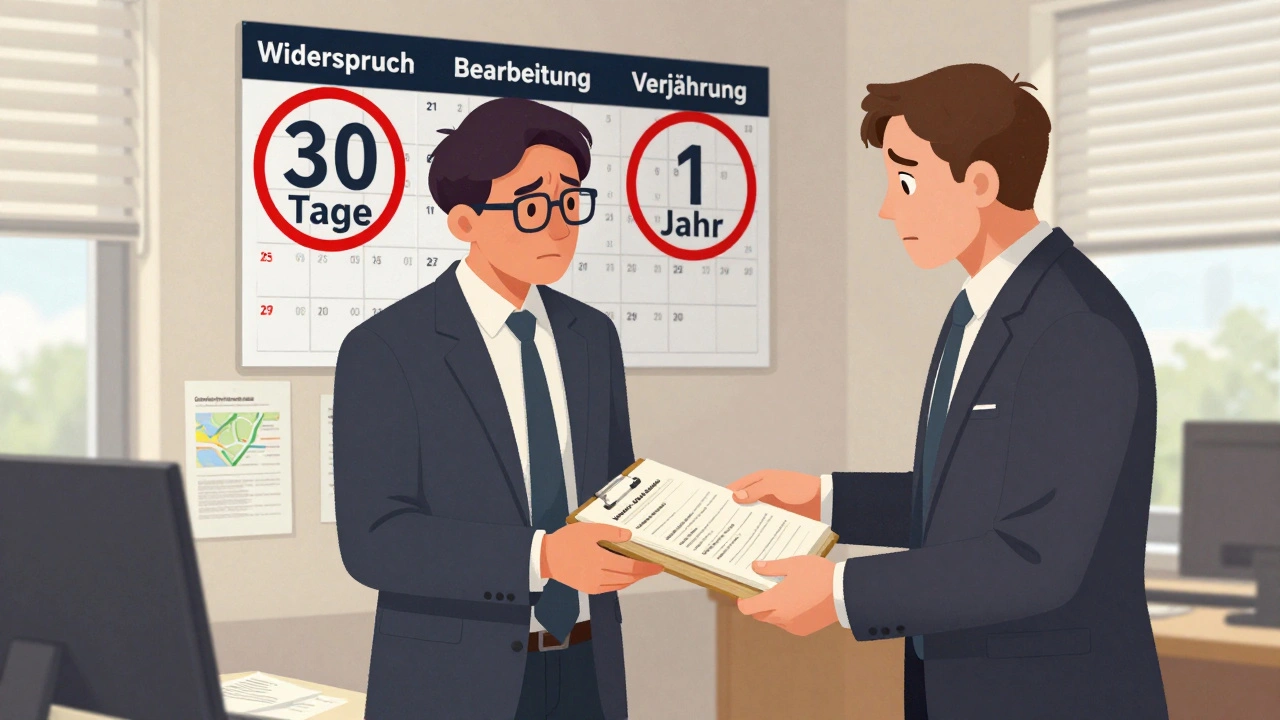 Anwalt übergibt Dokumente an Bauherrn in Bauamt, Kalender mit wichtigen Fristen an der Wand.