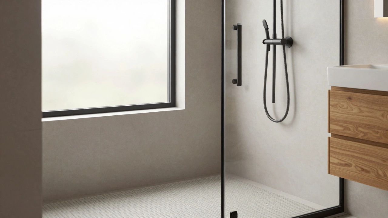 Barrierefreies Badezimmer mit ebenerdiger Dusche und anpassbaren Waschbecken in zeitlosem Design.