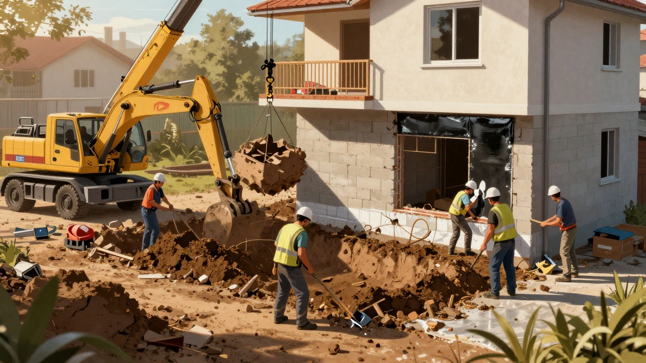 Bauarbeiter graben Erdreich um einen Keller aus, um Außenwände zu reparieren und abzudichten.
