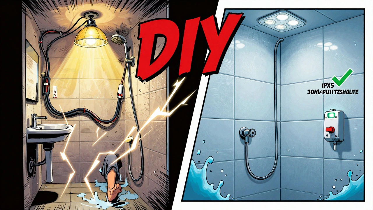 Comic-Stil: Gefährliche DIY-Elektrik im Bad links vs. normkonforme Installation mit FI-Schutzschalter rechts.
