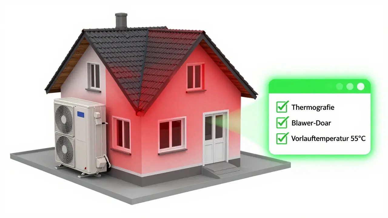 Digitale Simulation zeigt eine Wärmepumpe, die bei Kälte nicht ausreicht – fehlende Dämmung ist rot markiert.