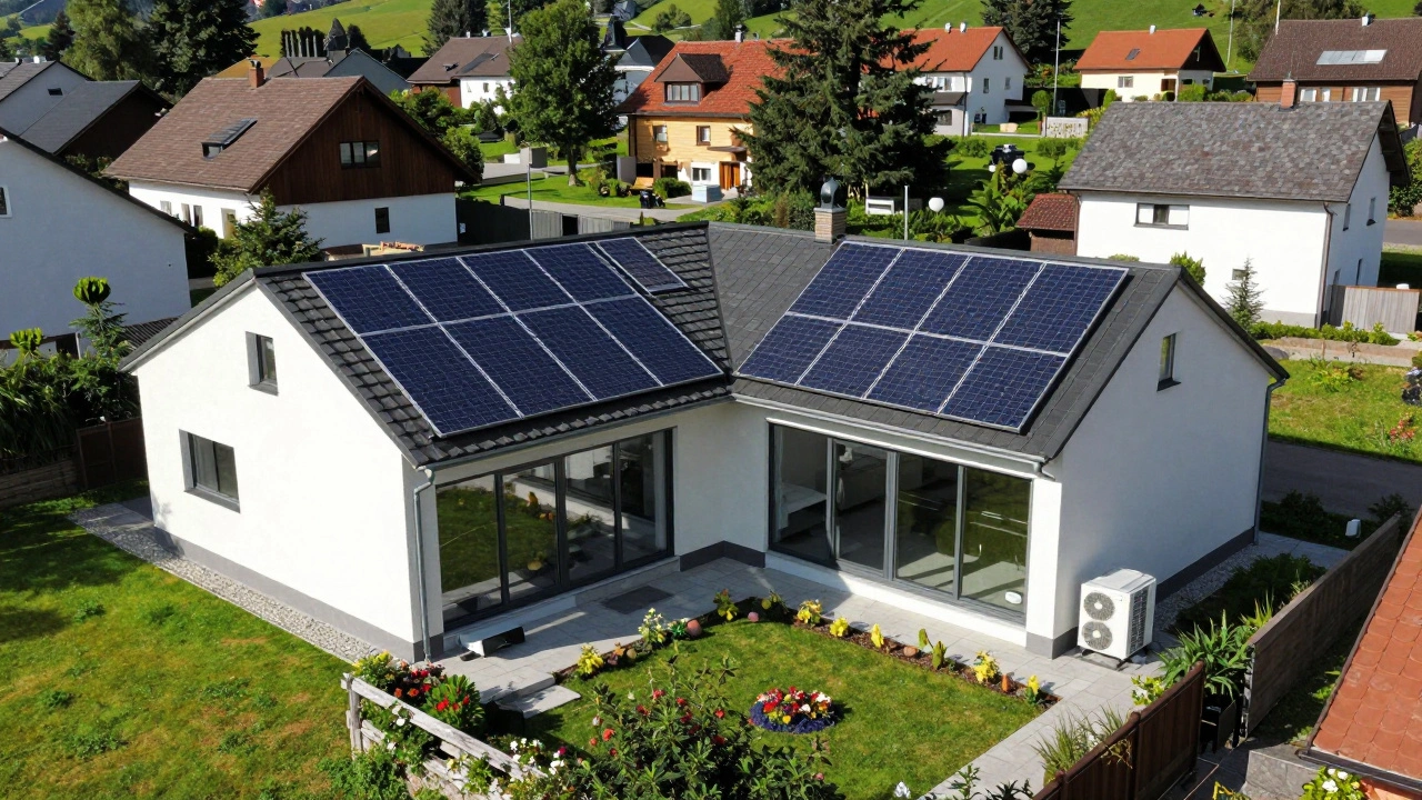 Draufsicht auf einen U-förmigen, energieeffizienten Bungalow mit Solaranlage und Gartenanbindung.