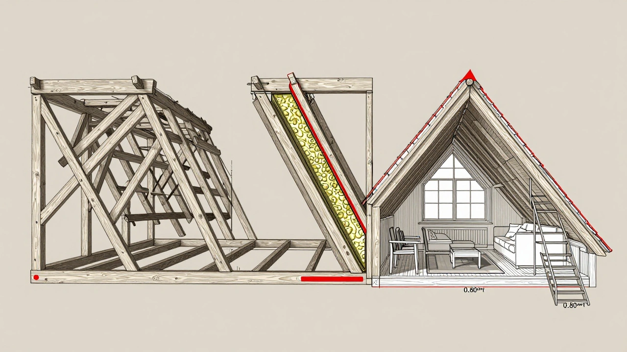 Drei Säulen des Dachausbaus: Statik, Dämmung und Fluchtweg in einer technischen Darstellung.