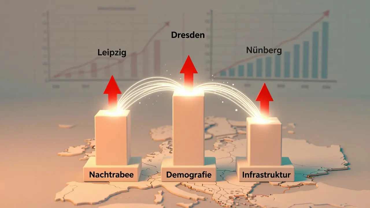 Drei Säulen für Standortanalyse mit Datenströmen zu wachsenden deutschen Städten auf Landkarte.