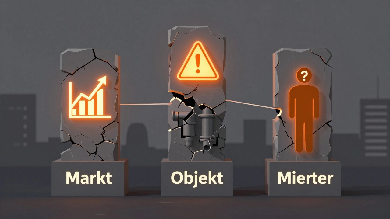 Drei zerbrechliche Säulen mit Risikosymbolen für Markt, Objekt und Mieter, verbunden durch brüchige Fäden.
