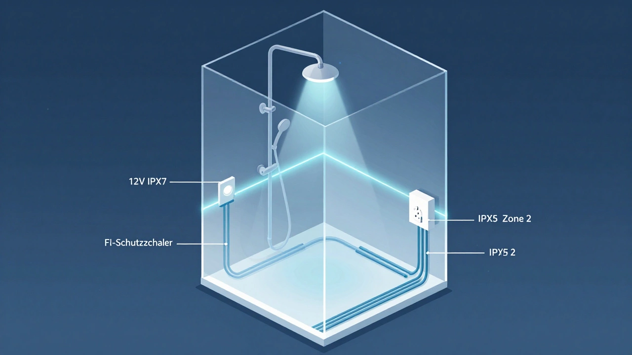 Durchschnittsansicht eines Bads mit versteckten Leitungen, die außerhalb der Nasszonen verlaufen und zum FI-Schutzschalter führen.