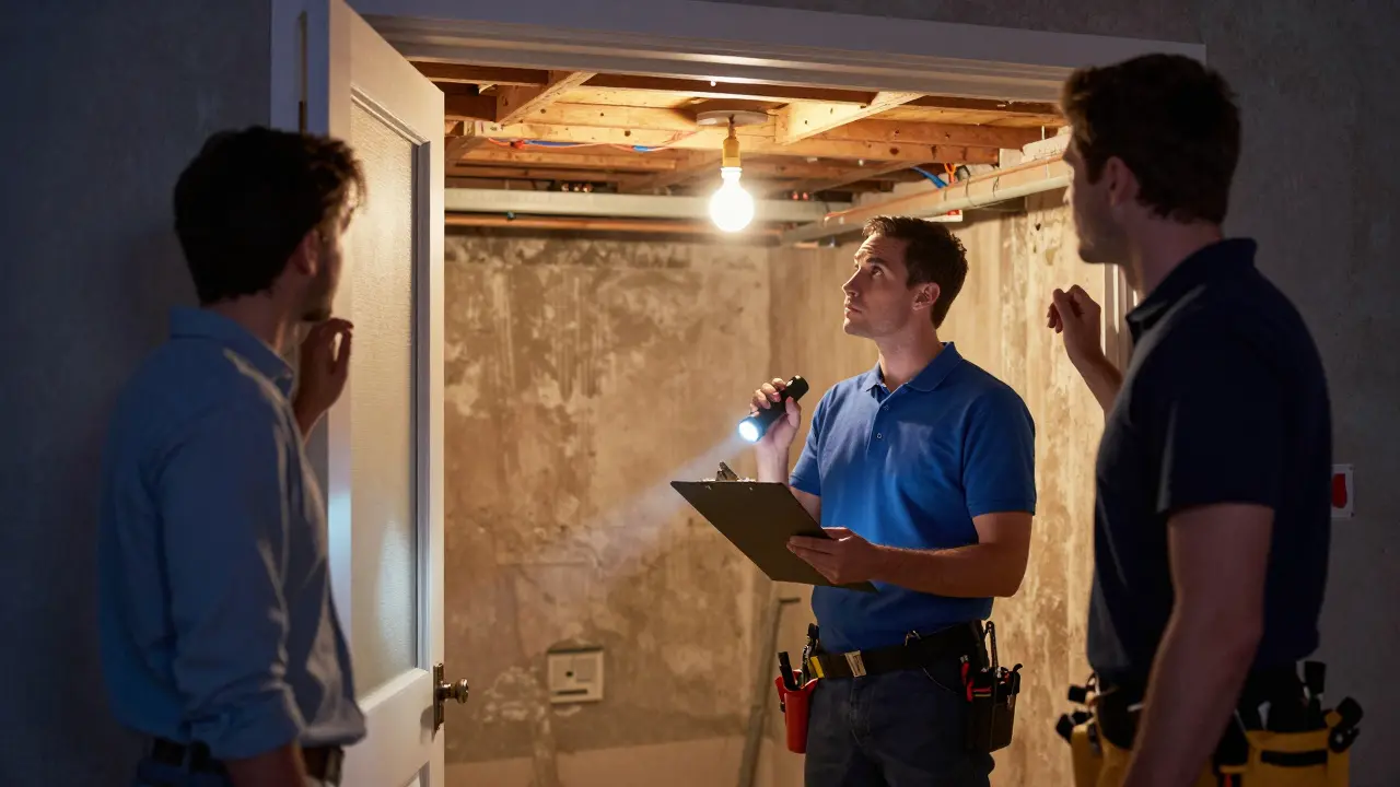 Ein Elektriker und Installateur prüfen eine Hausinstallation, der Hausbesitzer beobachtet von der Tür aus.