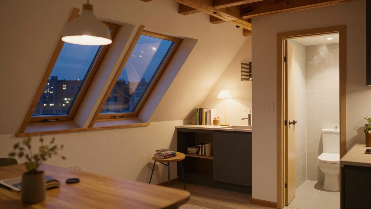 Ein gemütliches Dachgeschosswohnung mit Dachschrägen, Holzbalken und Abendlicht durch Gaubenfenster.