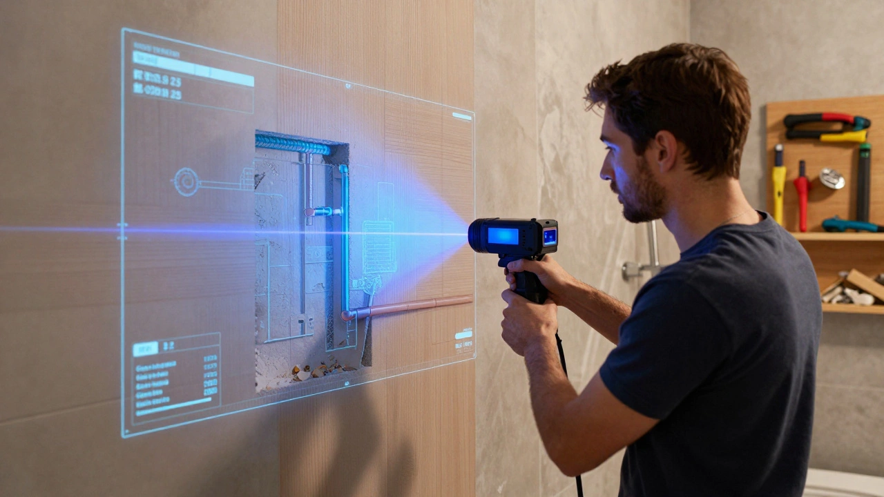 Ein Handwerker scannt eine Wand mit einem Laser, während digitale Kostenüberschreitungen als Hologramm sichtbar werden.