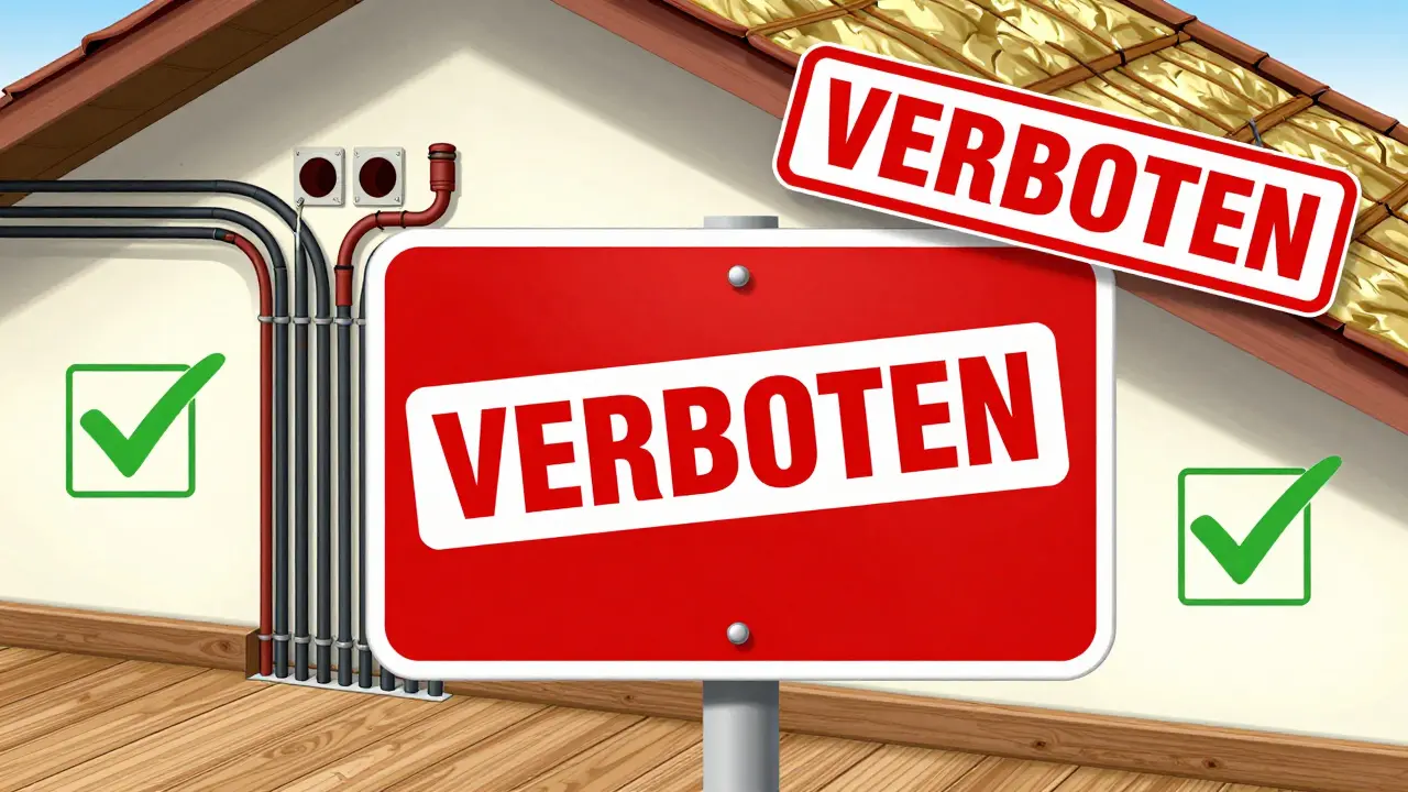 Ein Hausquerchnitt mit roten Verbotsschildern für Elektro, Wasser und Dach, grüne Haken für Maler- und Dämmarbeiten.