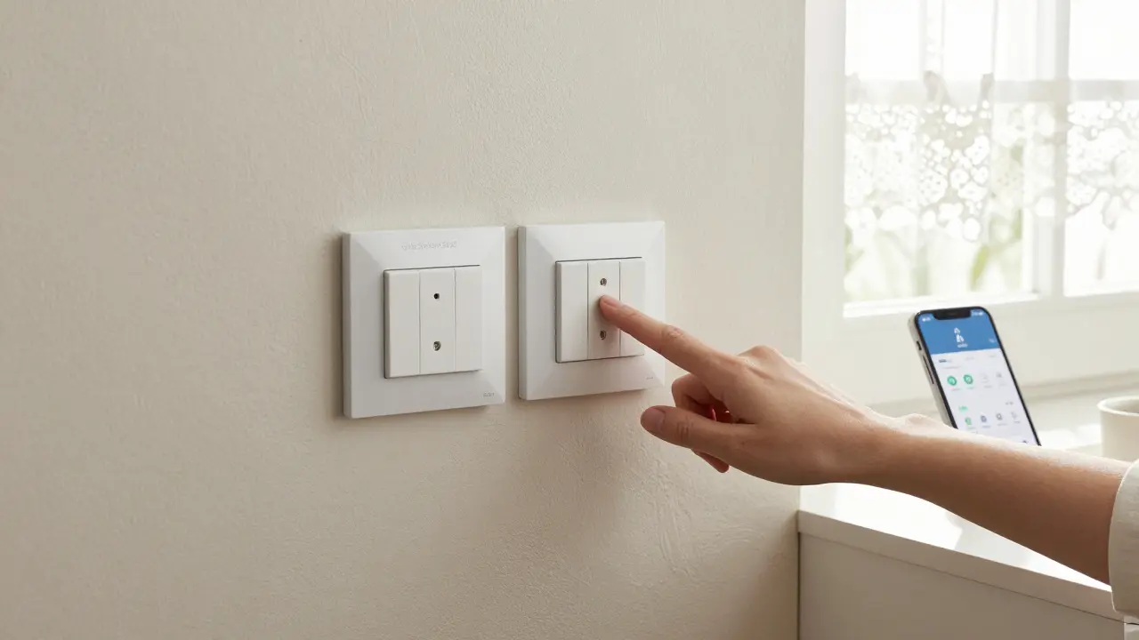 Hand ersetzt einen alten Lichtschalter durch einen smarten Aufsatz ohne Bohren – moderne Technik in historischer Wand.