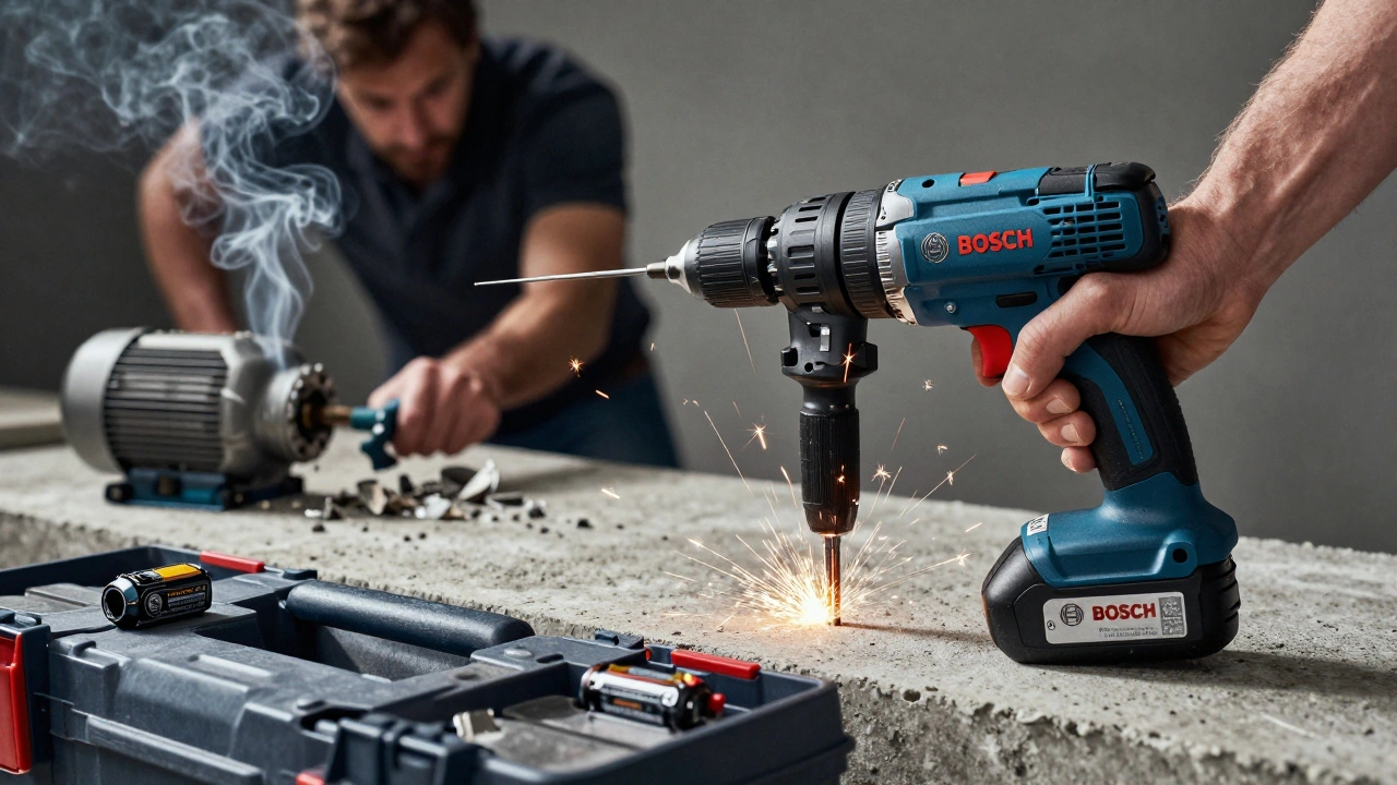 Hand mit professionellem Akkuschrauber, der in Beton bohrt, während im Hintergrund ein defektes Gerät raucht.