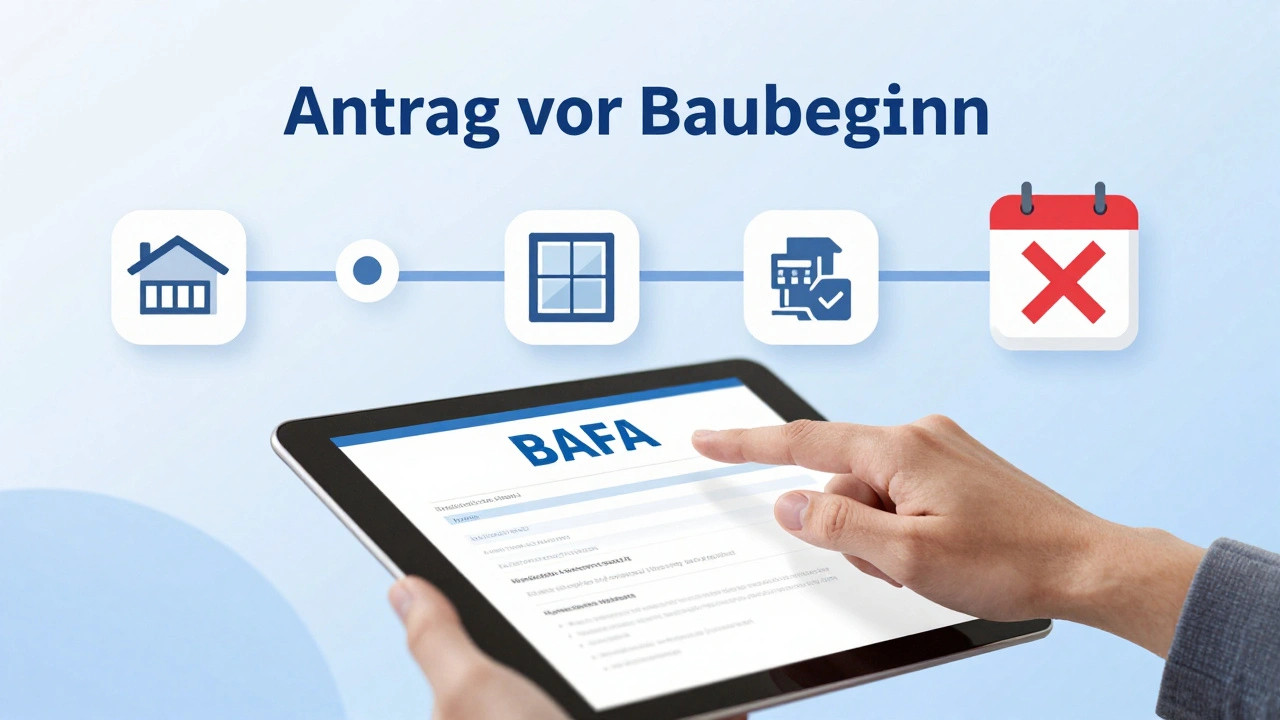 Hand reicht BAFA-Antrag digital ein, mit Symbolen für Dämmung, Fenster und Lüftung in der Luft.